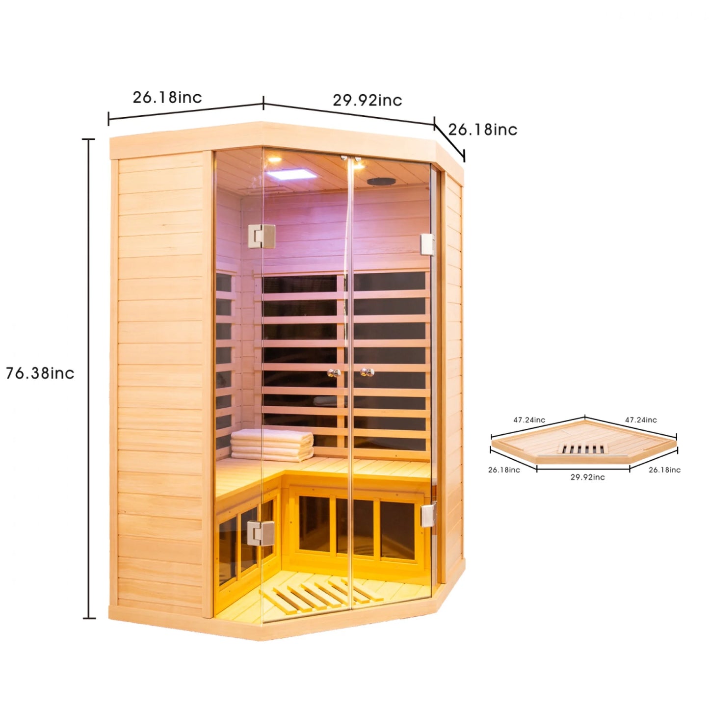 2-Person Corner Far Infrared Sauna Room - Hemlock Wood, Deluxe Transparent Glass Front, Large Capacity Home Sauna