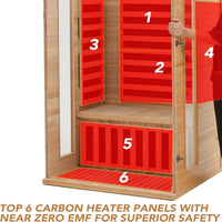 Infrared Sauna Designed for Home Use, Low EMF Carbon Crystal Heating, Hemlock Wood, Bluetooth Speakers