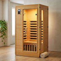 2024 Upgrade 1 to 2 Person Infrared Sauna, Low EMF Infrared Sauna for Home, Indoor Sauna Room, Hemlock Wooden Far Infrared Sauna, Dry Sauna with Bluetooth Speakers, LED Reading and Chromotherapy Lamp — Studio Shot