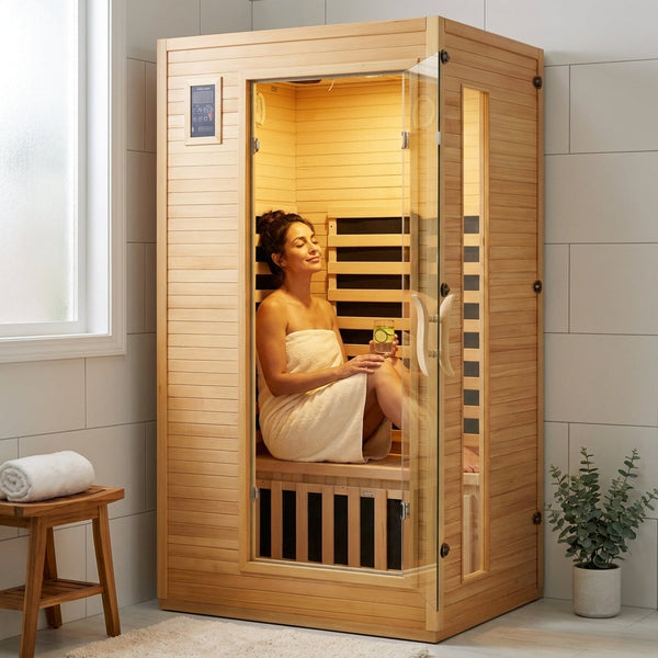 Infrared Sauna Designed for Home Use, Low EMF Carbon Crystal Heating, Hemlock Wood, Bluetooth Speakers