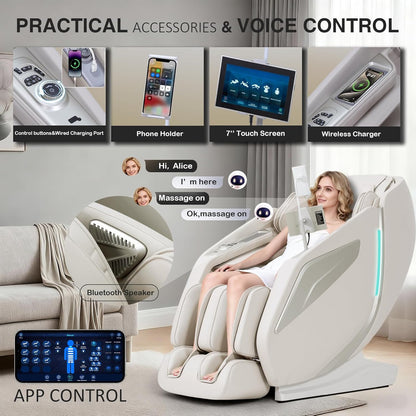 4D Massage Chair Full Body Zero Gravity Sl-Track Body Scan & Stretch, Beige | with Body Scan & Stretch, 40 Airbags - Shiatsu, Knead, Foot Rollers, Voice & APP Control, 15 Auto Modes & 9 Techniques