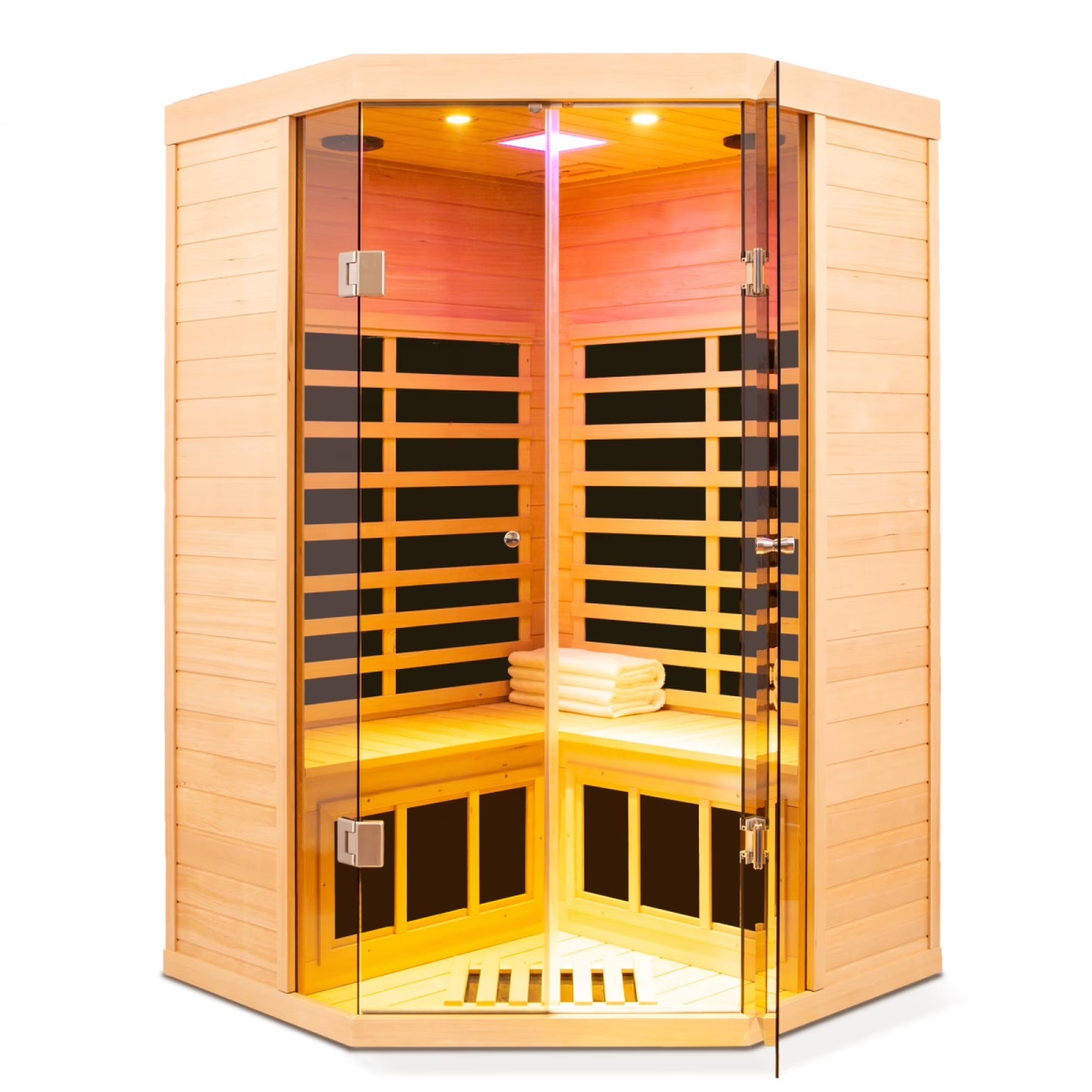 2-Person Corner Far Infrared Sauna Room - Hemlock Wood, Deluxe Transparent Glass Front, Large Capacity Home Sauna