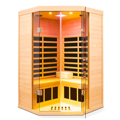 2-Person Corner Far Infrared Sauna Room - Hemlock Wood, Deluxe Transparent Glass Front, Large Capacity Home Sauna