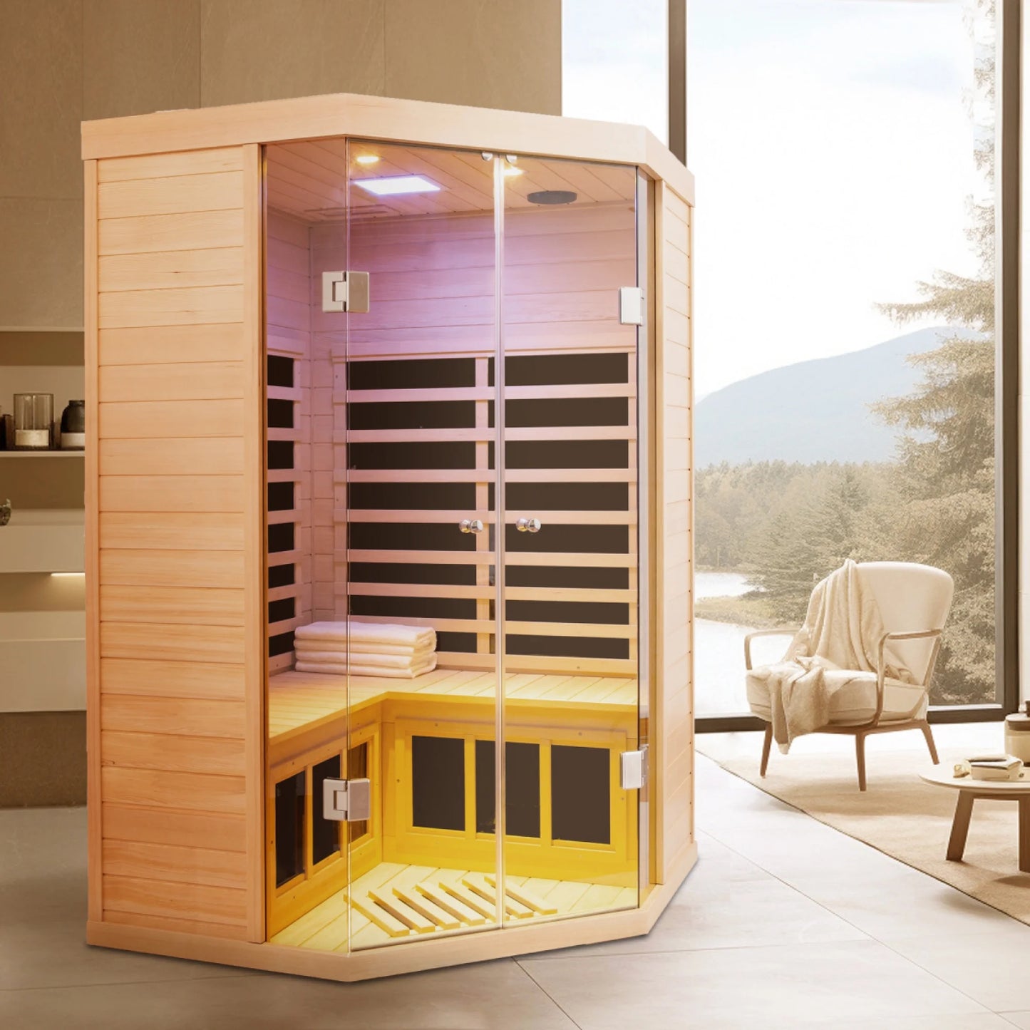 2-Person Corner Far Infrared Sauna Room - Hemlock Wood, Deluxe Transparent Glass Front, Large Capacity Home Sauna