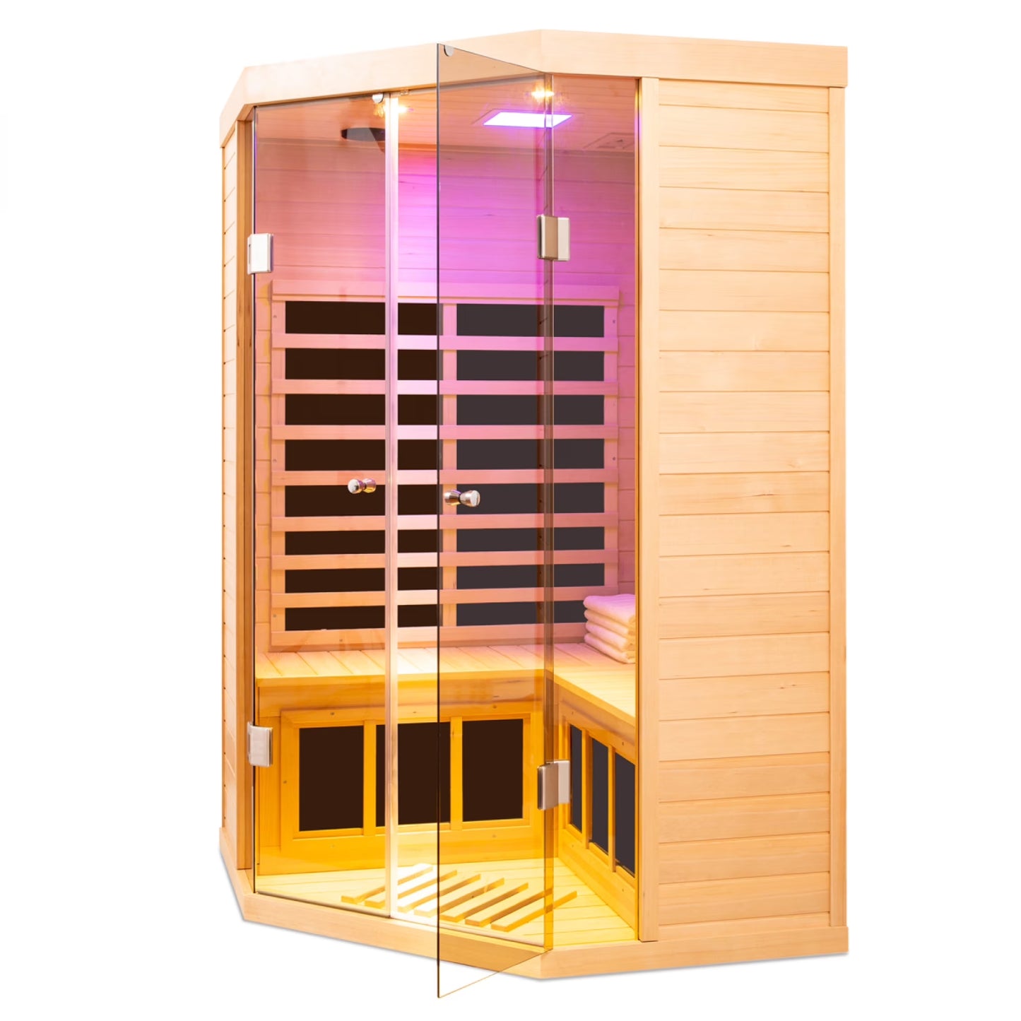 2-Person Corner Far Infrared Sauna Room - Hemlock Wood, Deluxe Transparent Glass Front, Large Capacity Home Sauna