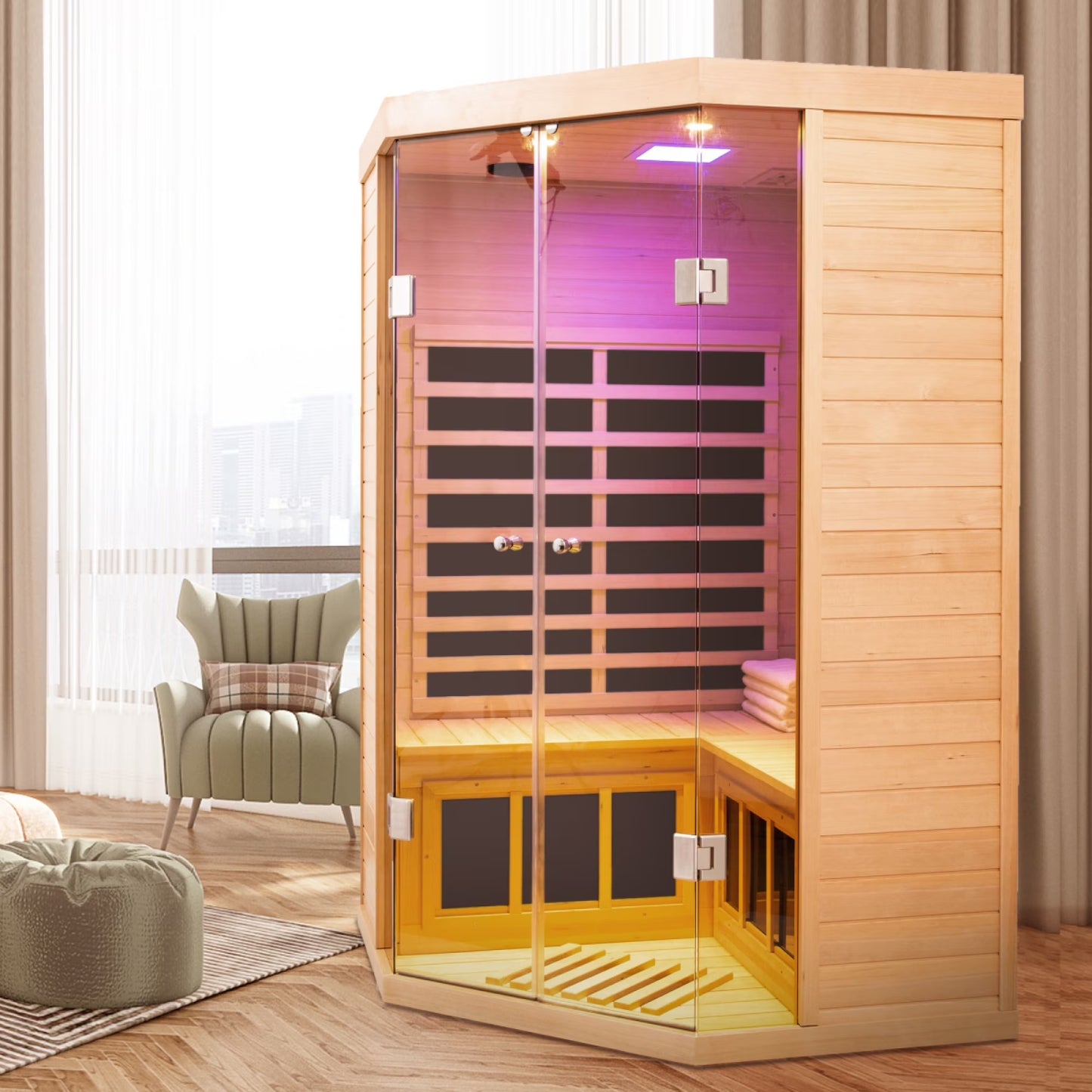 2-Person Corner Far Infrared Sauna Room - Hemlock Wood, Deluxe Transparent Glass Front, Large Capacity Home Sauna