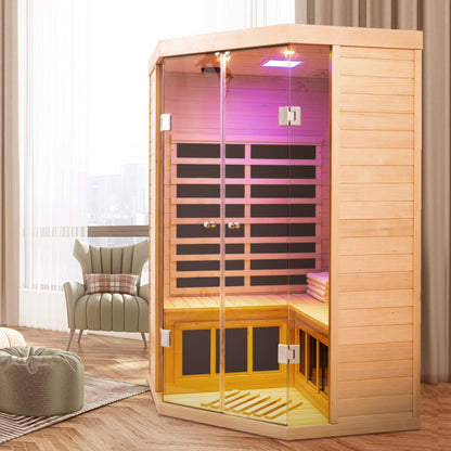 2-Person Corner Far Infrared Sauna Room - Hemlock Wood, Deluxe Transparent Glass Front, Large Capacity Home Sauna