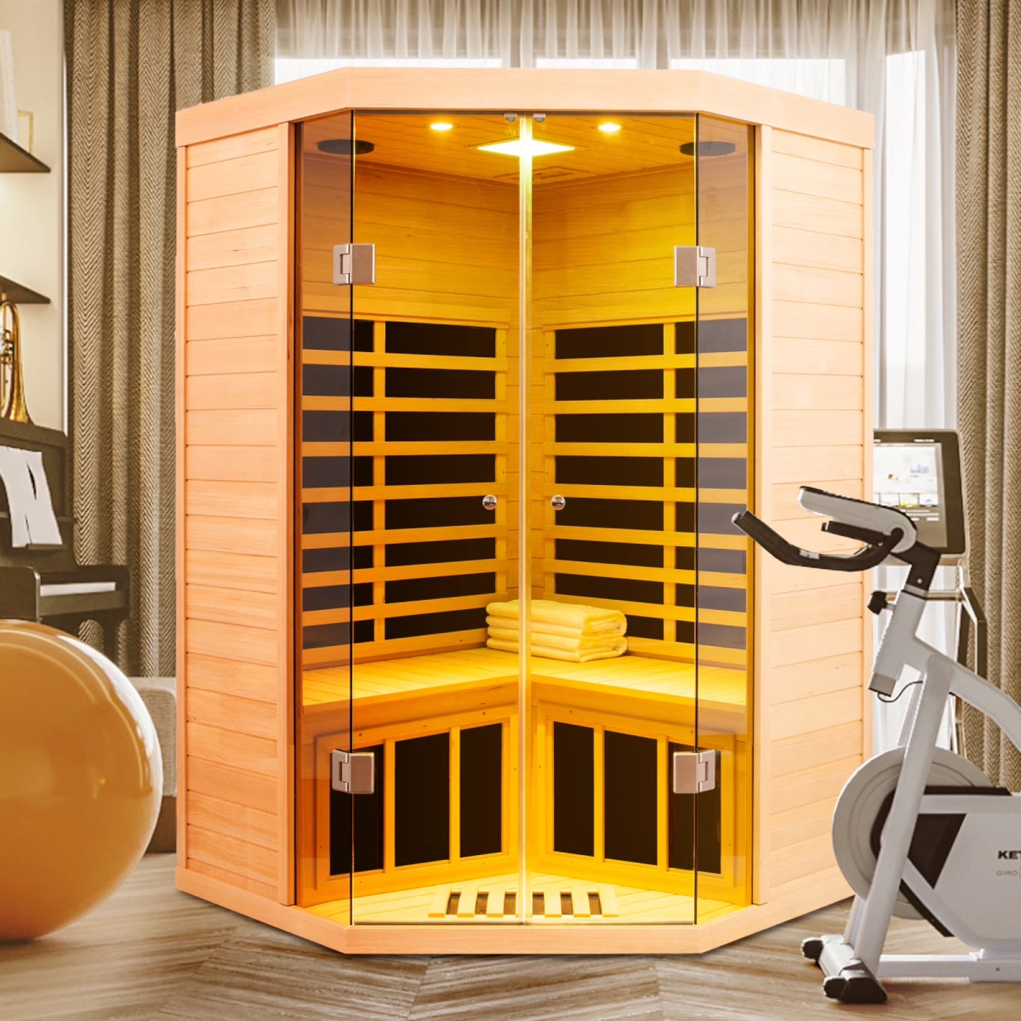 2-Person Corner Far Infrared Sauna Room - Hemlock Wood, Deluxe Transparent Glass Front, Large Capacity Home Sauna