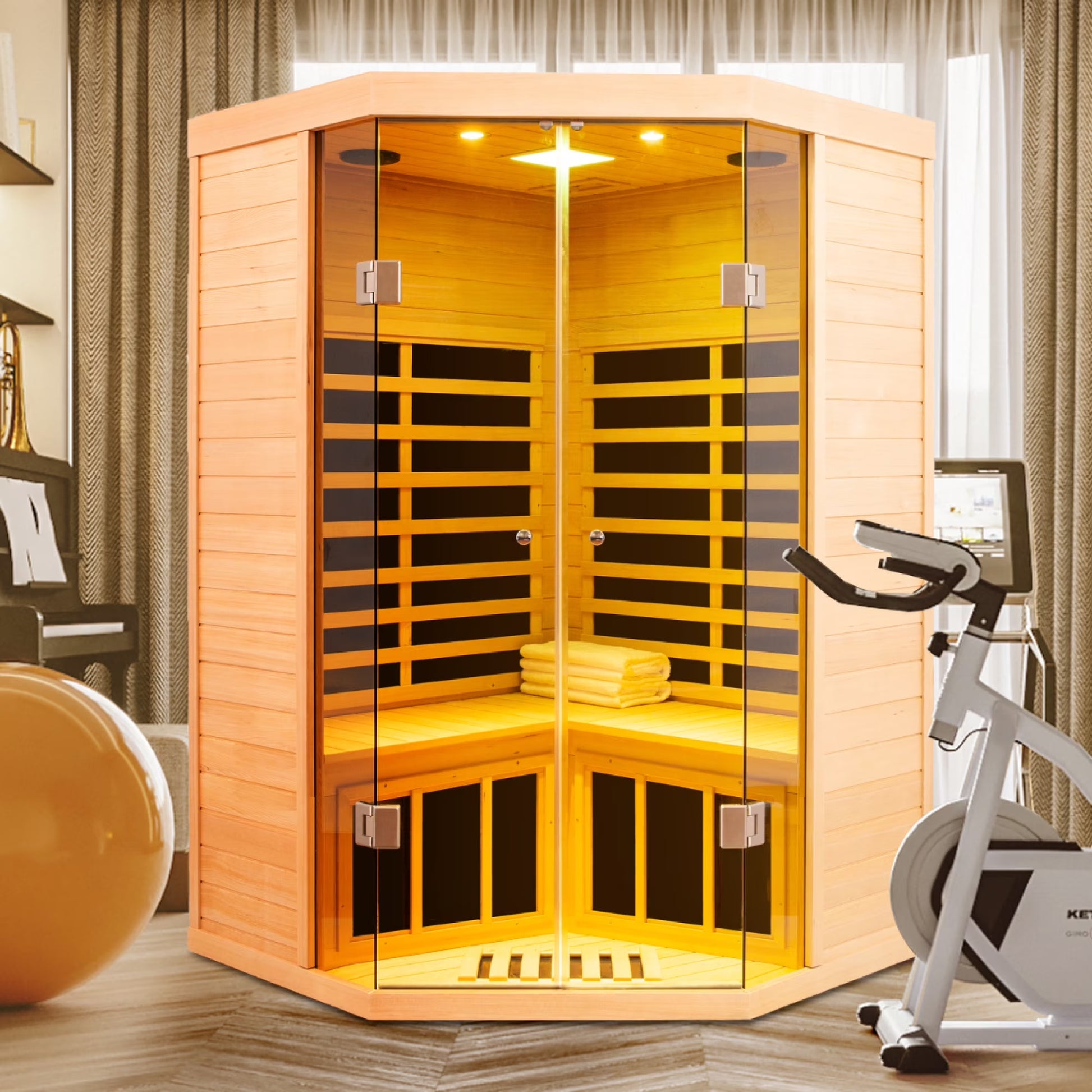 2-Person Corner Far Infrared Sauna Room - Hemlock Wood, Deluxe Transparent Glass Front, Large Capacity Home Sauna