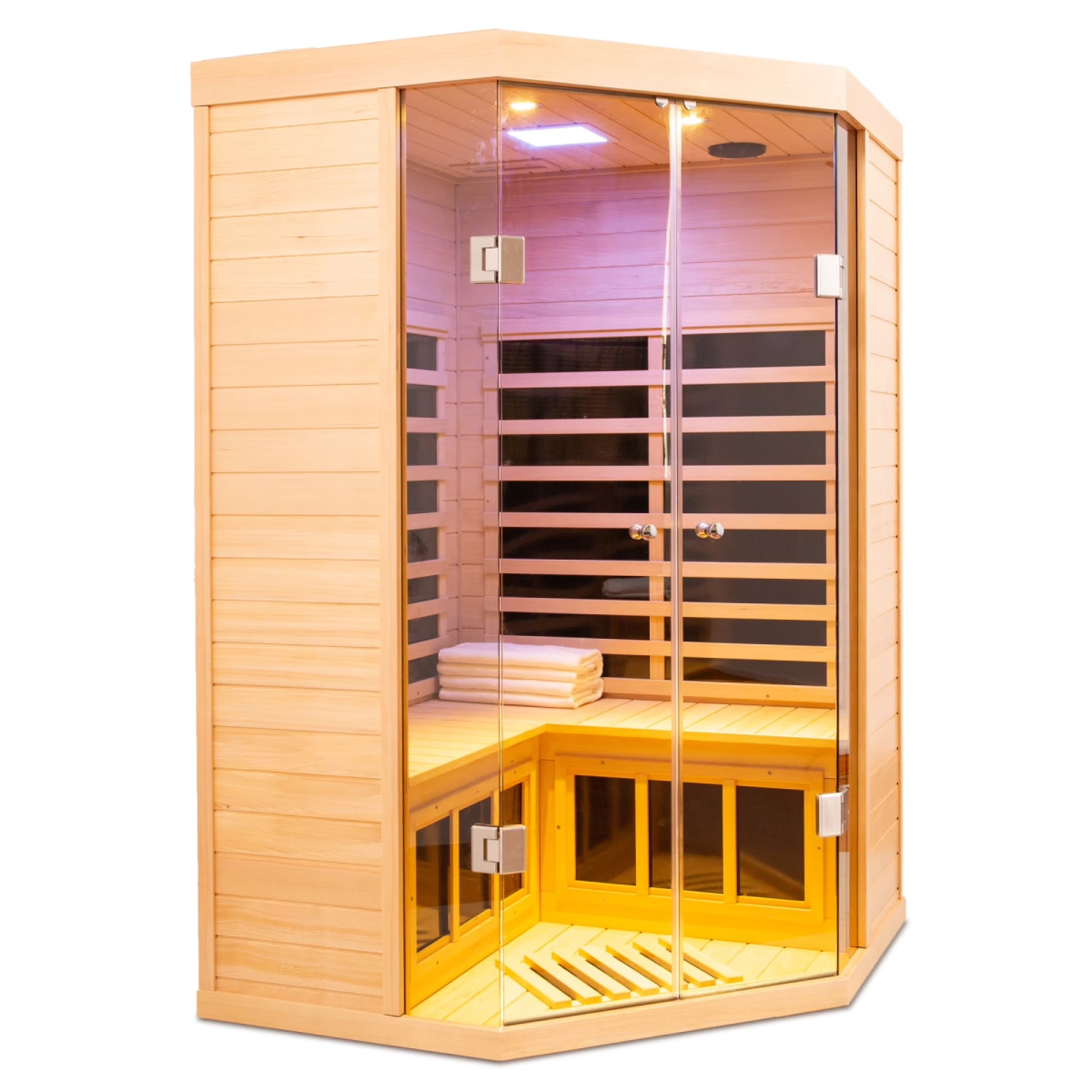 2-Person Corner Far Infrared Sauna Room - Hemlock Wood, Deluxe Transparent Glass Front, Large Capacity Home Sauna