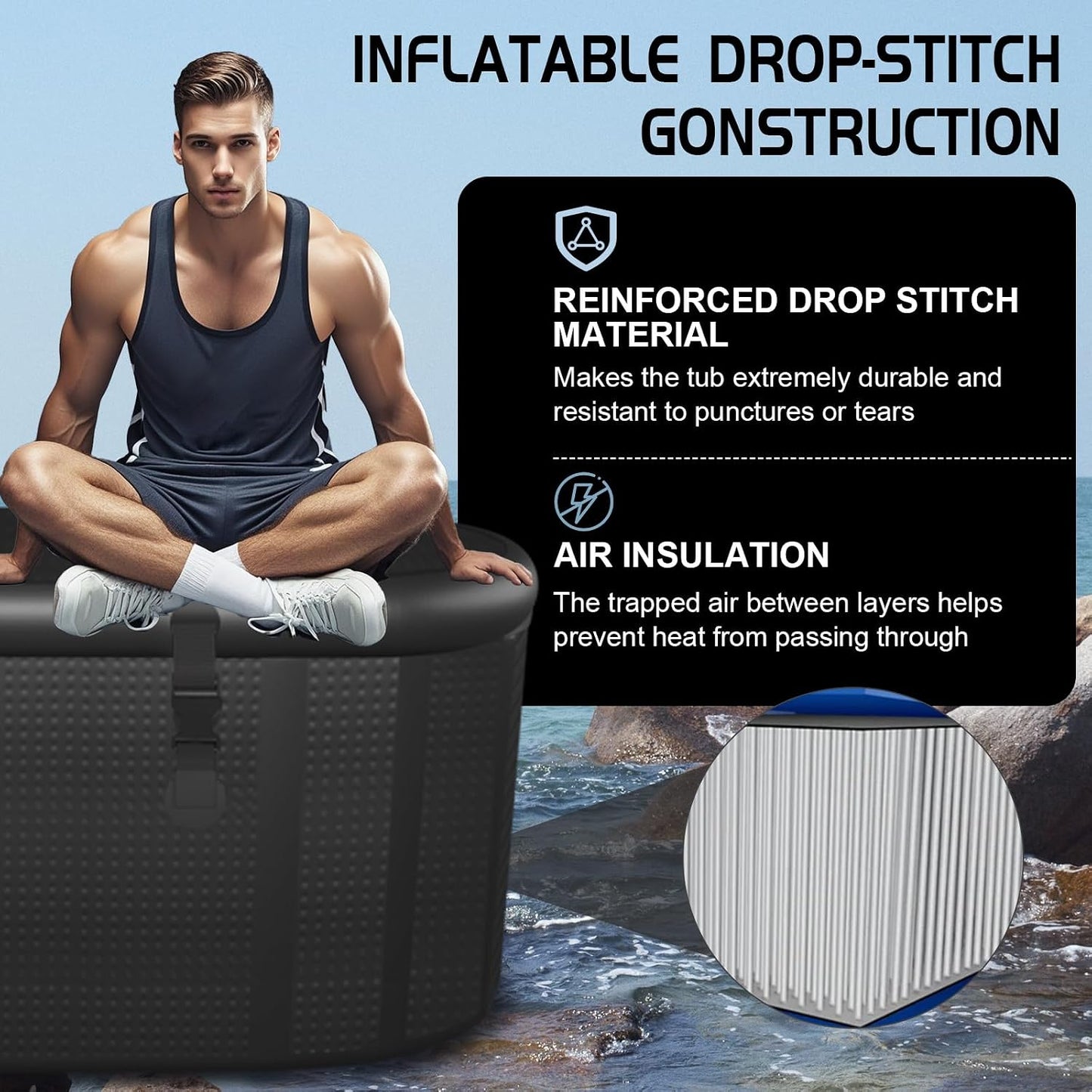 XXL Drop Stitch Ice Bath Tub for Recovery 216 Gal, Compatible with Water Chillers, Cold Plunge Tub with Insulated Lid, Multi-Layer Portable Bathtub for Cold Water Therapy(59In*32.2In*27In)