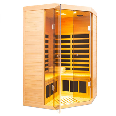 2-Person Corner Far Infrared Sauna Room - Hemlock Wood, Deluxe Transparent Glass Front, Large Capacity Home Sauna