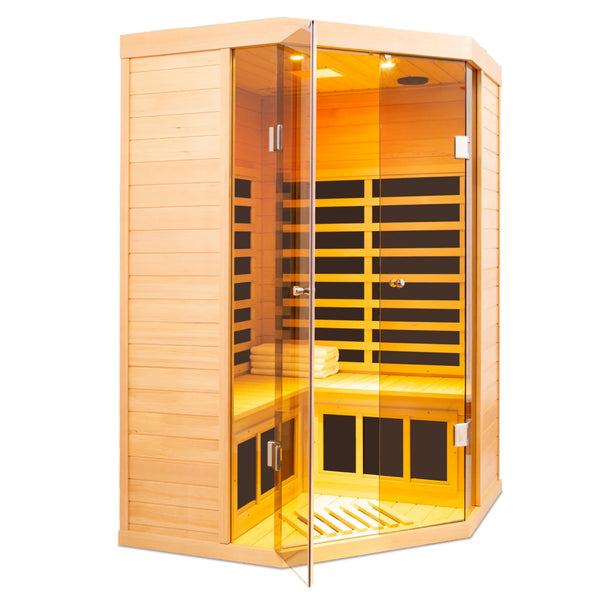 2-Person Corner Far Infrared Sauna Room - Hemlock Wood, Deluxe Transparent Glass Front, Large Capacity Home Sauna